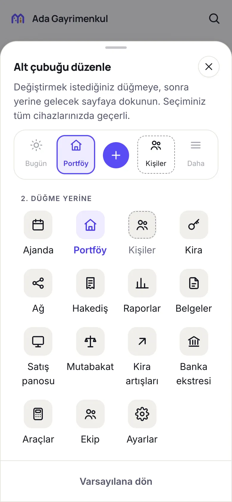 Alt çubuğu düzenleme ekranı