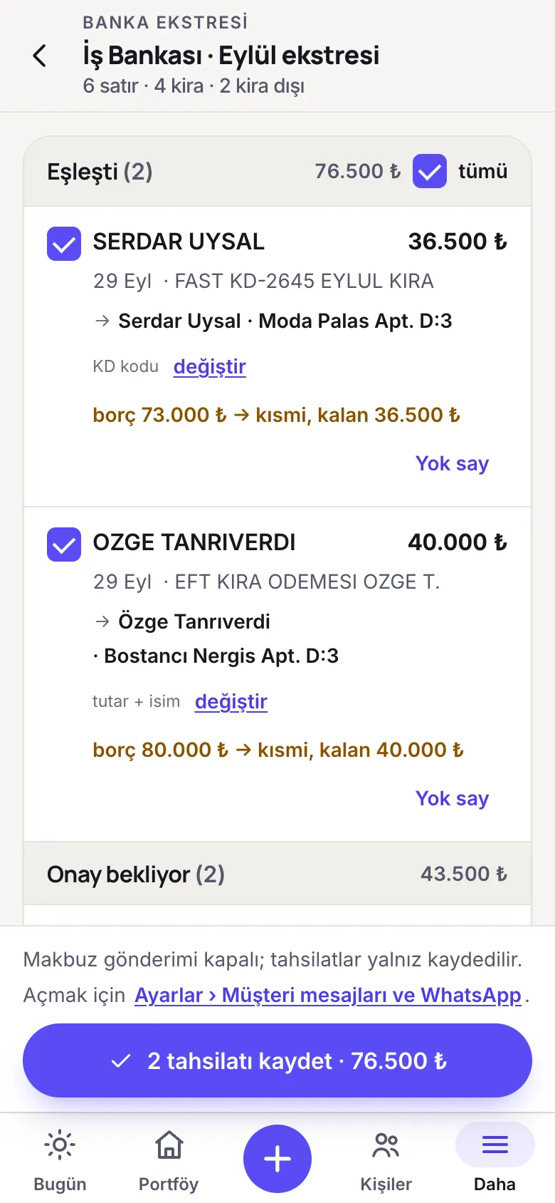 Banka ekstresiyle kiralar nasıl eşleştirilir: örnek ekran