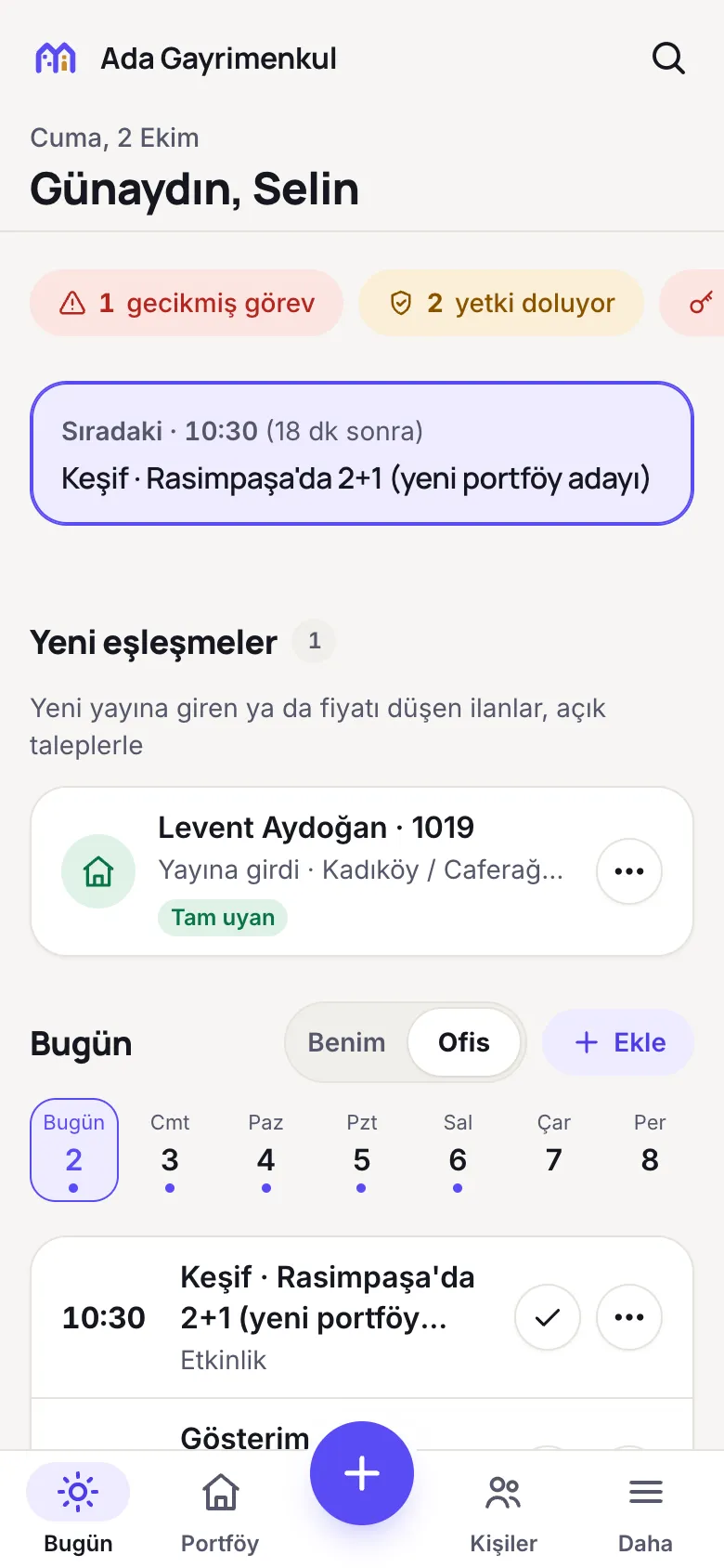 Bugün ekranı: sıradaki randevu ve günün işleri