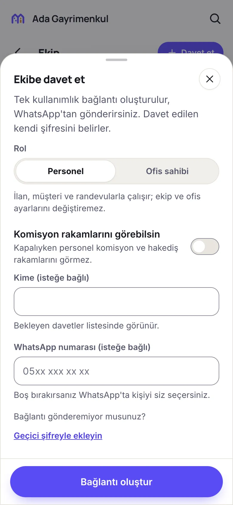 Ekip ekranı: danışmanlar, roller ve davet bağlantısı