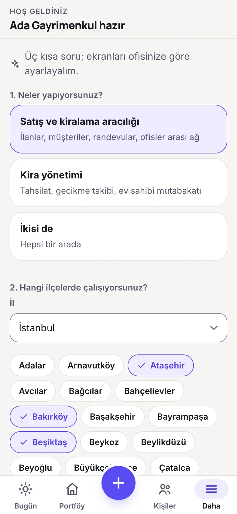 Hoş geldiniz ekranı: üç soru