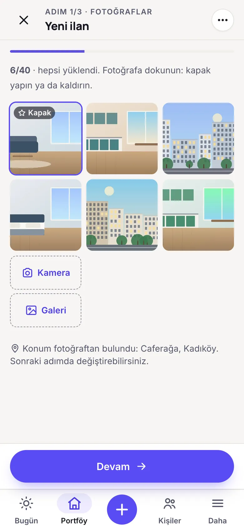 Yeni ilan ekranı: önce fotoğraflar, sonra üç adım