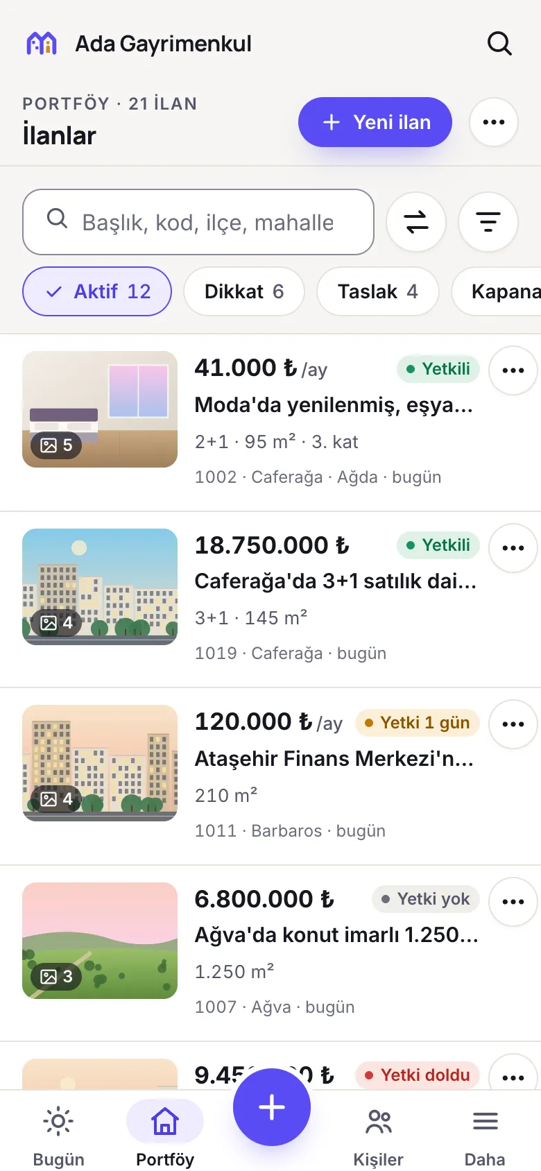 İlanlar ekranı: akıllı listeler ve kaydırarak paylaş, ara