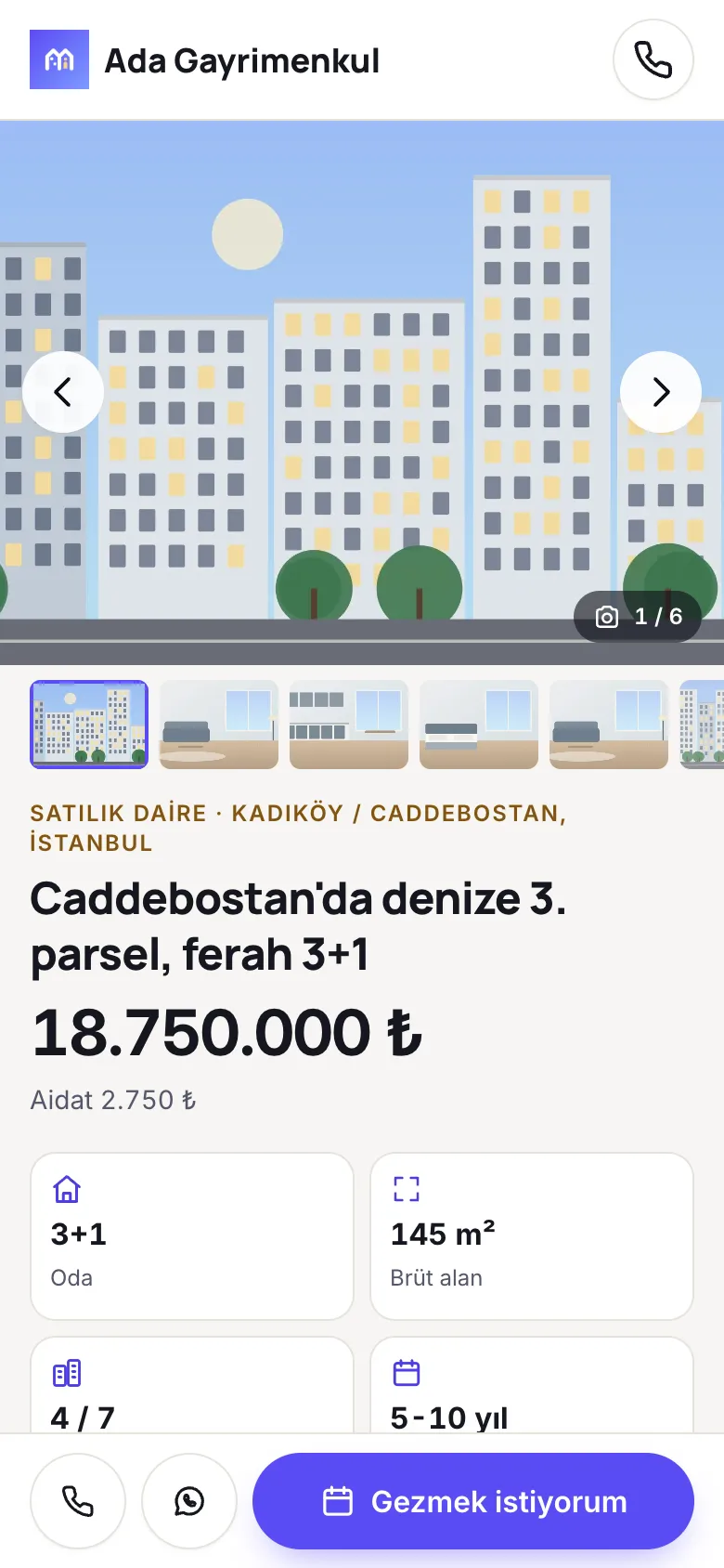 Müşterinin gördüğü ilan sayfası: galeri, öne çıkanlar ve gezme isteği