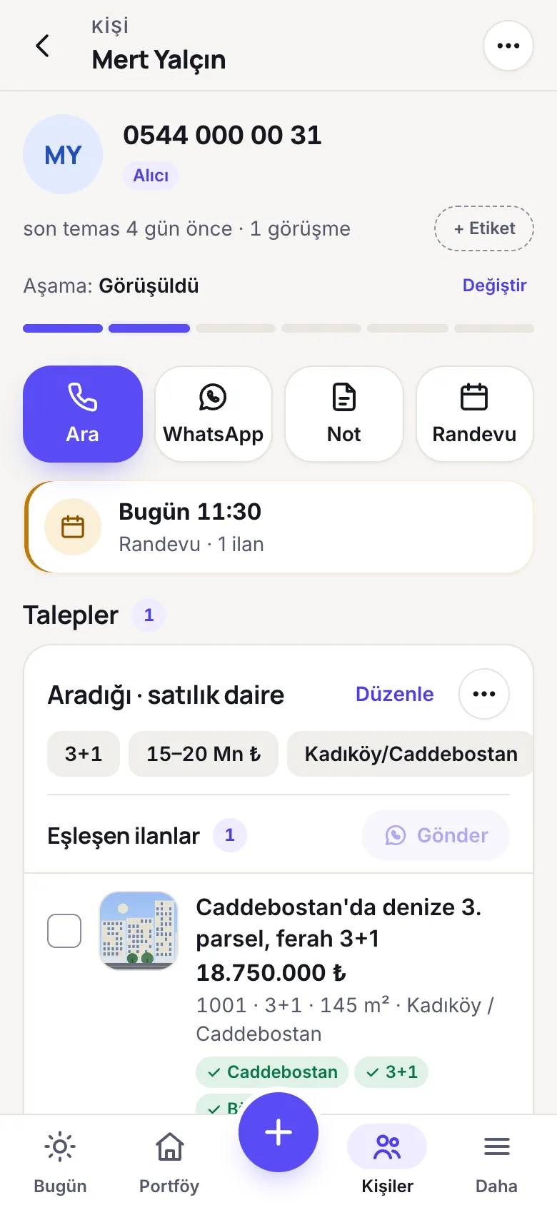 Kişi kartı: talepler, aramalar, notlar ve zaman çizelgesi