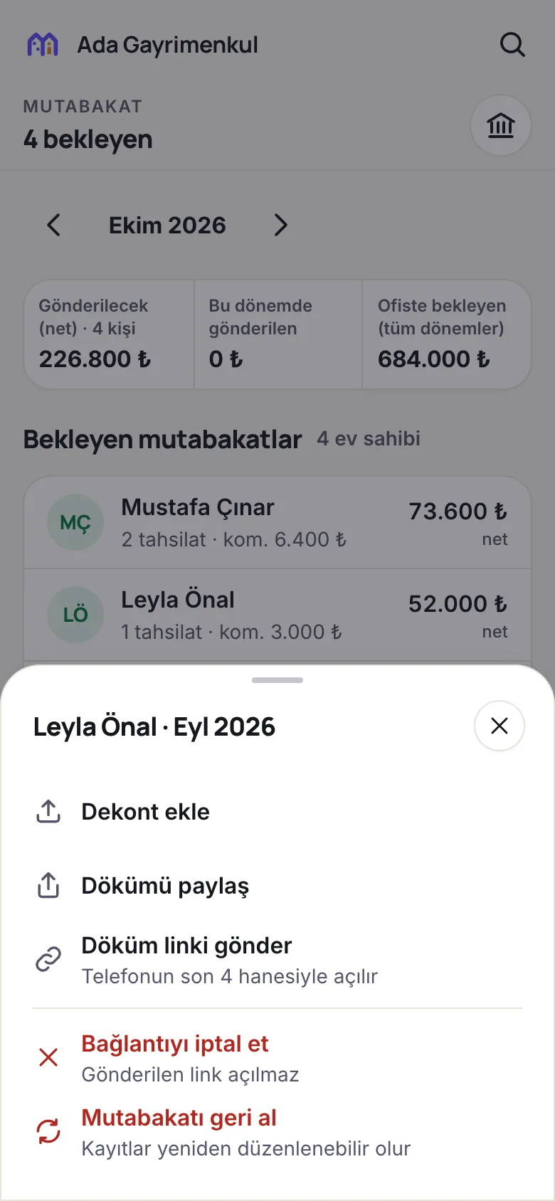 Mutabakatı yanlış kaydettim, nasıl geri alırım: örnek ekran