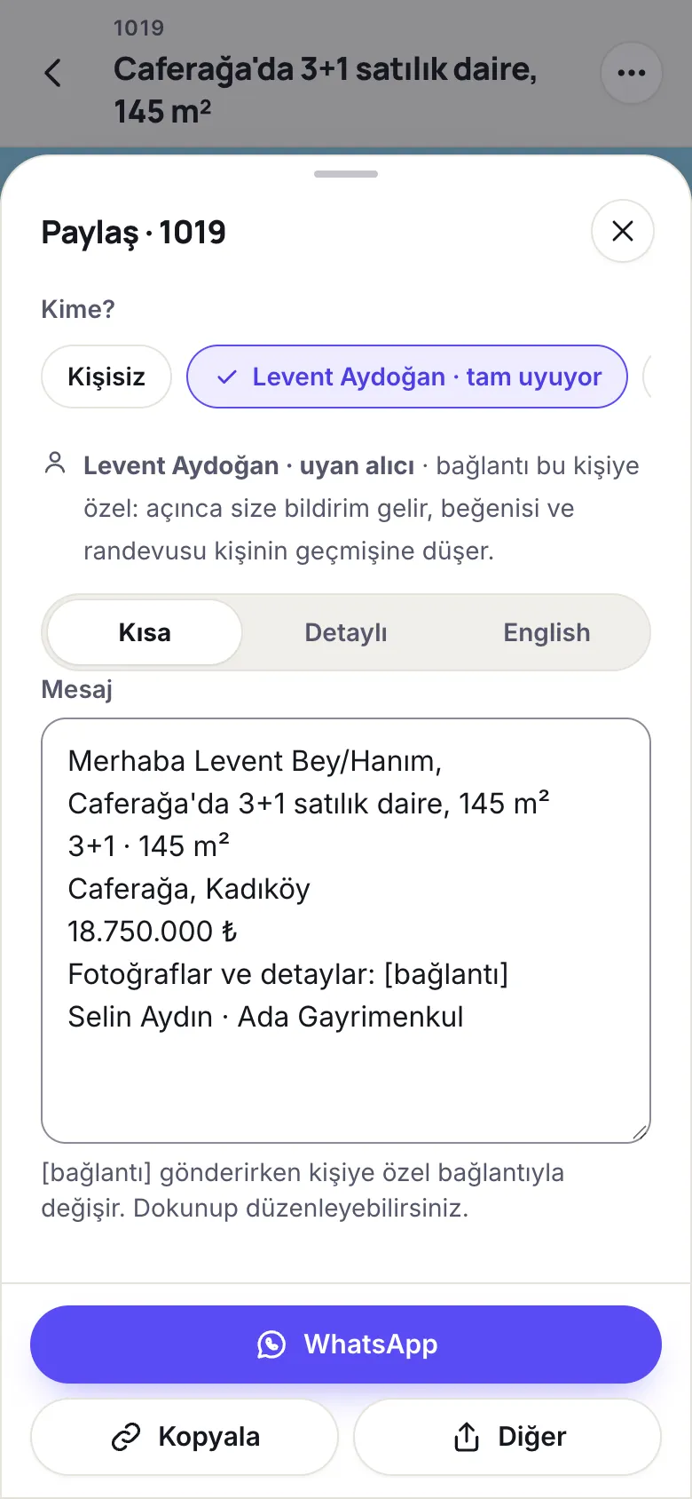 Paylaş ekranı: kişi seçimi ve mesaj şablonu
