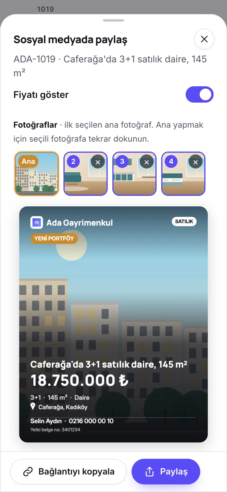 Sosyal medya görseli: story boyutu, etiket ve fiyat seçeneği