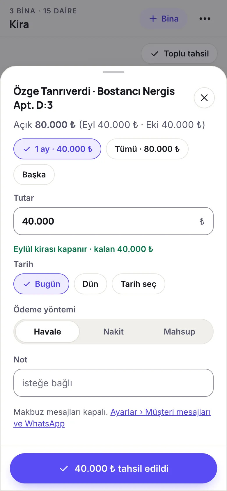 Kira nasıl tahsil edilir: örnek ekran
